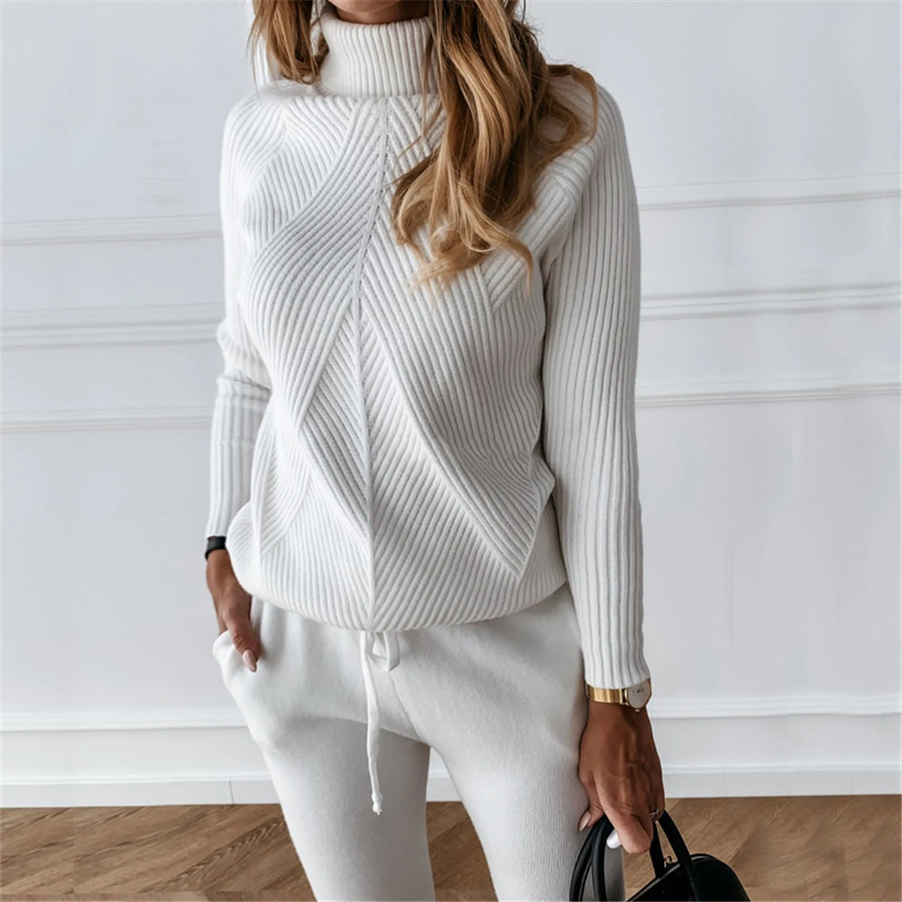 Nowsaa Women Tracksuit Autumn Winter Color Striped Turtleneck Sweater Elastic Trousers Suit Knitted Two Piece Set Work Pant Sets |