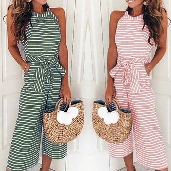 

Spring summer jumpsuit women loose sleeveless striped Bodysuits casual lace up rompers female O neck jump suit ladies clothes