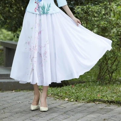 white Longuette Sheng Coco Chiffon Chinese Style Skirt Bandage Tulle Long Boho Maxi Skirt Half-body Oriental Pink White High Waist Midi Skirt - Цвет: white Longuette