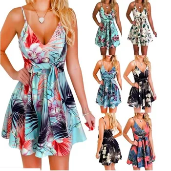 

Women Sexy Spaghetti Strap V-neck Bandage Decor Mini Dress Summer Fashion Print Casual Slim Beach Sundress Vestido Plus Size 5XL