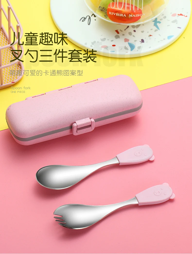 Portable Silicone Cutlery Travel304 Stainless Steel Kids Tableware Spoon Fork Creative Cute Children Student Cutlery Box Set 5CD
