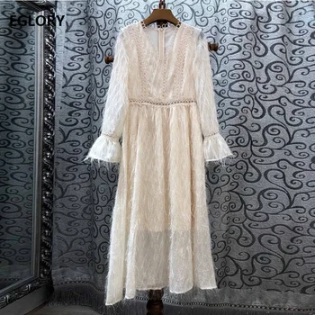 

Tassel Party Elegant Dresses 2019 Autumn Style Women V-Neck Hollow Out Embroidery Flare Sleeve Mid-Calf Casual Sexy Dress Club