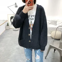 Женский кардиган свитер с v-образным вырезом однотонный Свободный Трикотаж однобортный Повседневный Кардиган Верхняя одежда зимняя куртка Прямая поставка