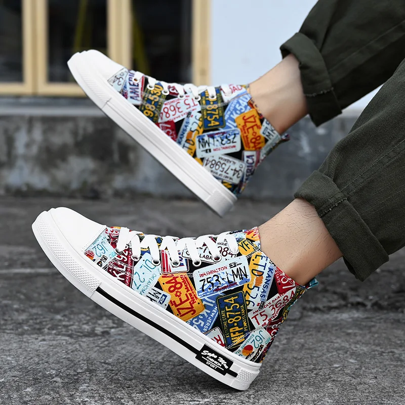 High Top Men's 2023 Printed Black Canvas Shoes Sll Vulcanize Shoes