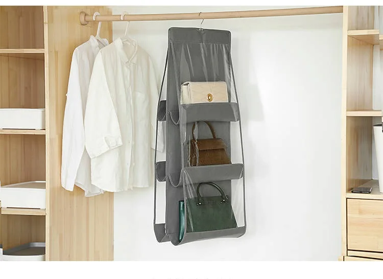 6 Pockets Hanging Purse Organizer Dustproof Transparent PVC Windows Hanging Bag Wardrobe Closet Handbag Hanger Home Storage Bag - Цвет: Grey