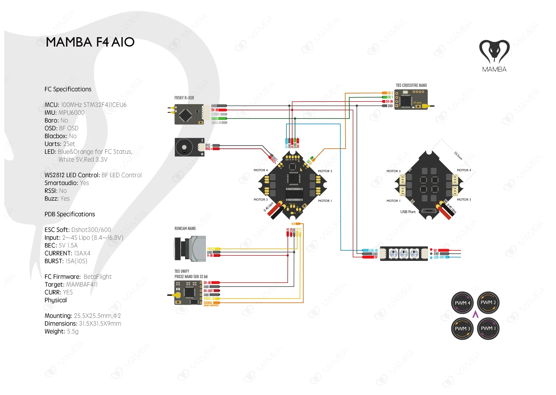 MAMBA F411 AIO 15A ESC и Контроллер полета 2-4S Dshot 300/600 для FPV RC гоночный Дрон