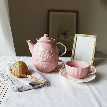 

Ceramic Pink Embossed Lady Style Tea Set/One Pot One Single Afternoon Tea Pot/Tea Cup