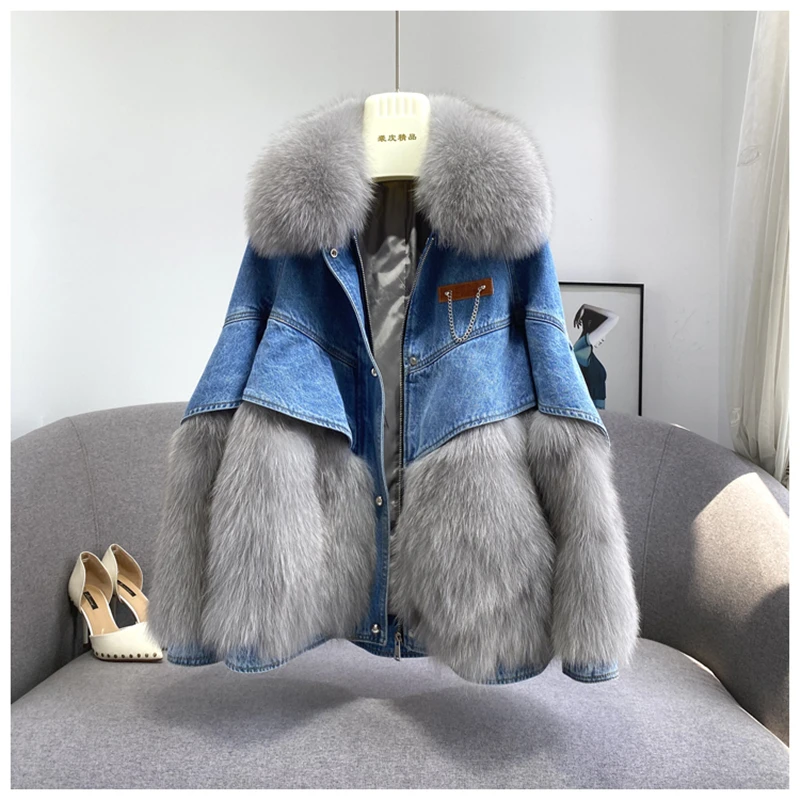 2021New Fashion Fox Fur Coat Down Jacket For Women Real Regular Medium Autumn Winter Denim down jacket | Женская одежда