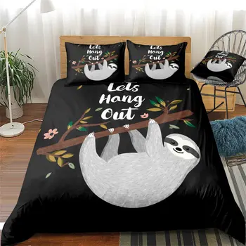 

Cartoon Bedclothes Pillowcase Tropical Sloth Pattern Bedding Set Children US Twin Black Bed Duvet Cover Set for Kids Bed