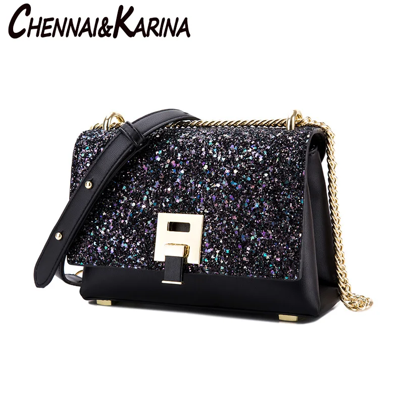 

Free Shipping New Ladies Sequin Square bag High quality Women's Designer Luxury Handbag Black Shoulder Messenger bag