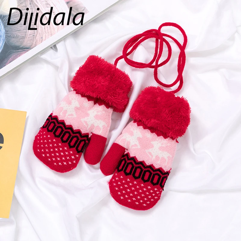 Dilidala Рождественские перчатки с оленем теплые детские перчатки на полный палец плюс бархатные перчатки с ремешком дикие варежки для детей