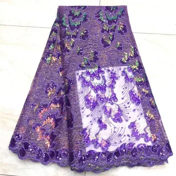 

Purple New Arrival African Tulle Lace Fabrics with Sequins 5Yards Sequins Lace Fabric for Women Wedding Party Evening Dress