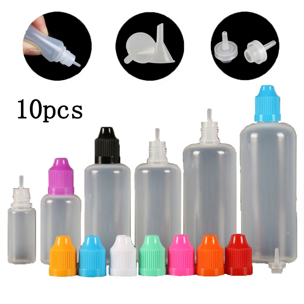 

10pcs (3ml-120ml) Empty Dropper Bottles LDPE Squeezable Eye E Liquid Juice Container CRC Cap Long Dropper Tip + Funnels
