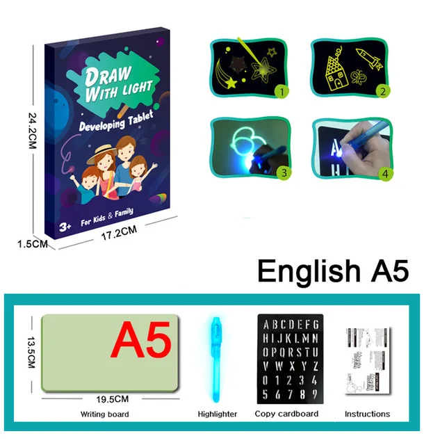 Волшебный светодиодный световой доска для рисования с флуоресцентная ручка для рисования граффити планшет для рисования неограниченное количество Применение живопись для лучшие подарки для детей - Цвет: English A5