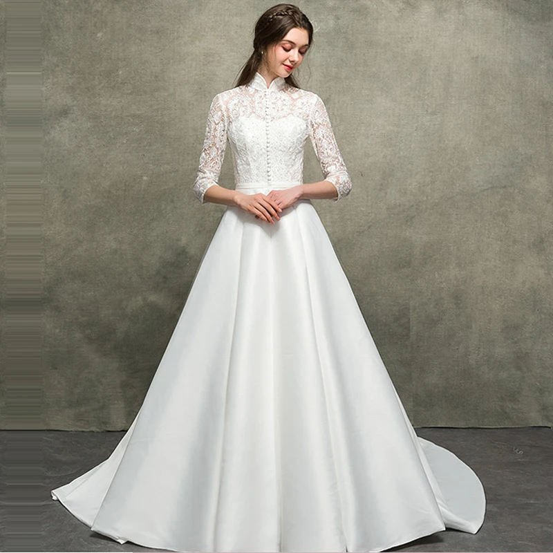 Это Yiya свадебное платье Элегантное белое кружевное свадебное платье три четверти es с высоким воротом поезд Плюс Размер Vestido De Novia E666
