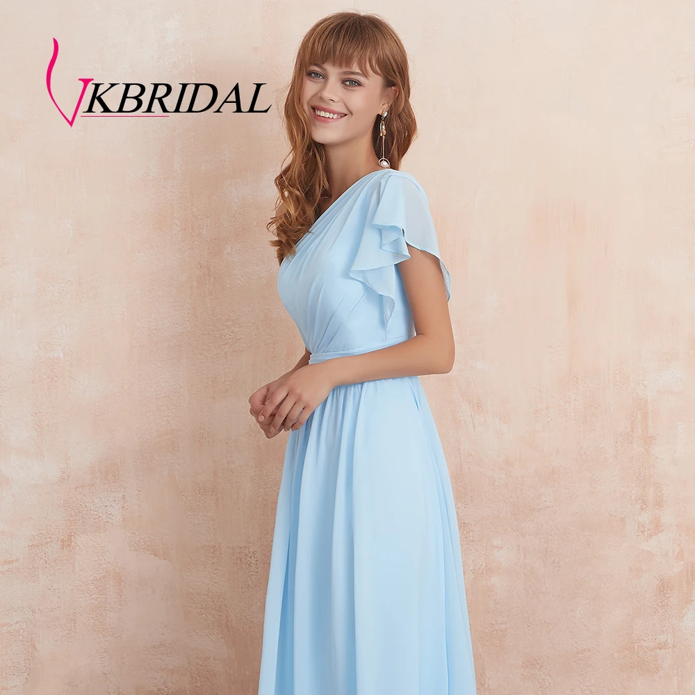 VKbridal ТРАПЕЦИЕВИДНОЕ ПЛАТЬЕ больших размеров для свадебной вечеринки, выпускного бала для Juniros реальное изображение одно плечо шифоновое платье для подружки невесты длинное