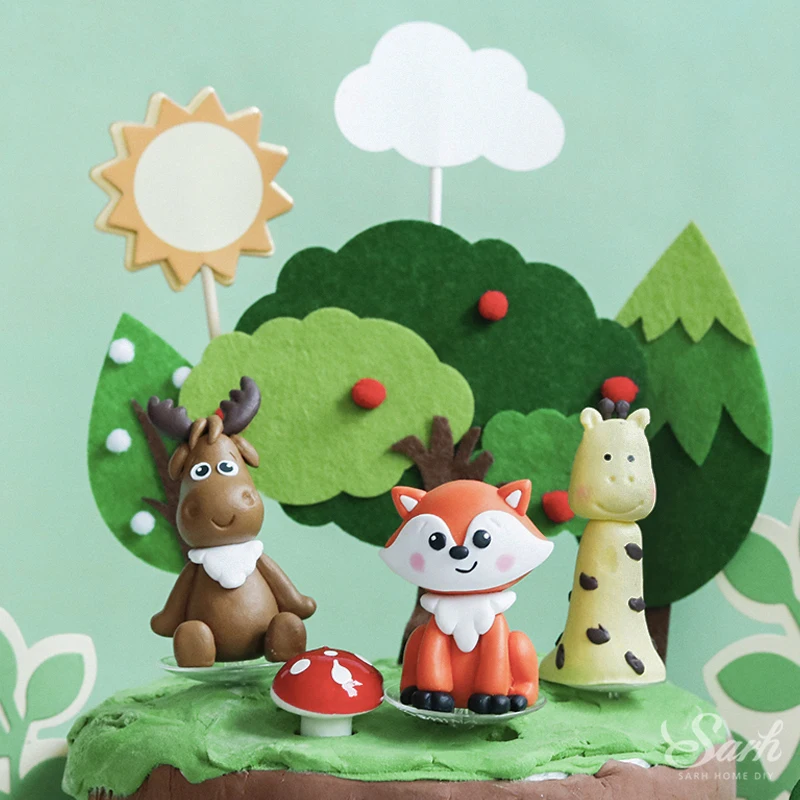 

Panda Fox Sika Deer Cake Topper Felt Trees Mushroom Happy Birthday Decoration for Wedding Kid Baking Party Supplies Sweet Gifts