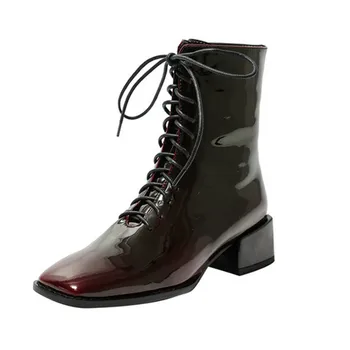 

Classic Genuine Leather Office ladies Ankle Boots Autumn Winter Square med Heeled Chelsea Boots lace up Shoes Woman