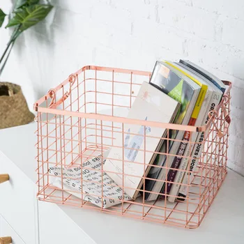 

INS Wrought Iron Plated Band Handle Metal Storage Basket Simple Home Bedroom Living Room Storage Hamper Organization Home Items