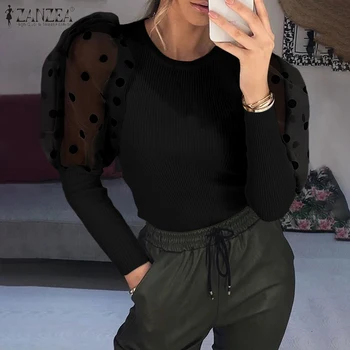 

2020 ZANZEA Fashion Polka Dot Shirt Spring Long Puff Sleeve Blouse Women Casual Mesh Patchwork Tops Female Ribbed Robe Blusas