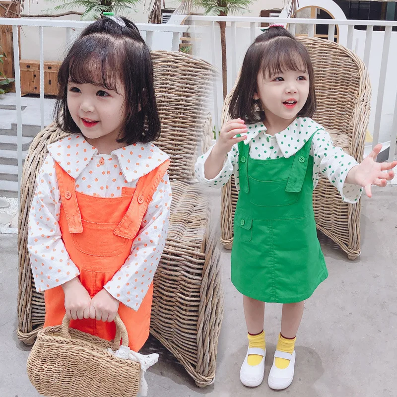 

2020 New Style Korean-style CHILDREN'S Suit Girls Spring Clothing Skirt Set Children Children Polka Dot Shirt Suspender Skirt Tw