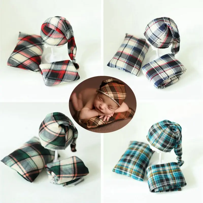 

2020 Newborn Photography Props Plaid Wraps & Hats Pillow Soft Set New Born Baby Photo Booth Props Accessories Fotografia Studio