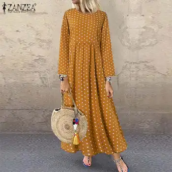 

2020 Plus Size ZANZEA Autumn Polka Dot Sundress Women Casual Long Sleeve Printed Party Long Maxi Vestido Shirt Dress Famele Robe