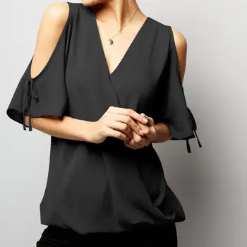 

Women Summer Chiffon Off Shoulder Tops Female Large Size Cold Sleeve Strap Solid Knot Shirt Lady Lacing Tie Solid Color Blouse