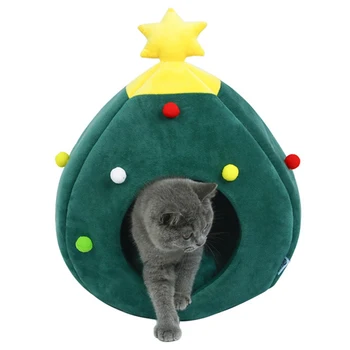 

Christmas Tree Cat House Cat Tent Cave Bed Winter Soft Warm Beds For Cats Dogs Semi-Closed Tree Shape Pet Kitten Puppy Nest