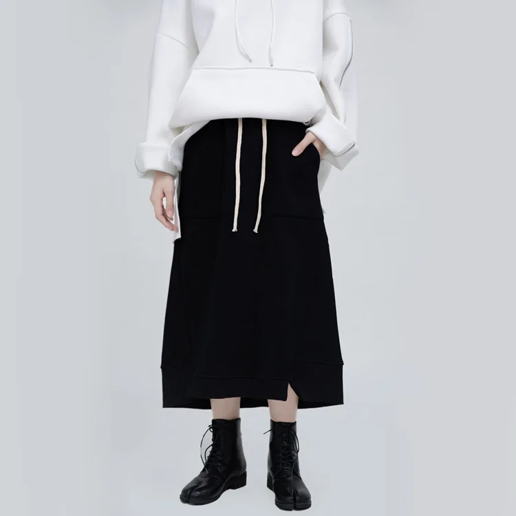 only skirt Женские длинные юбки размера плюс, Свободная Женская Асимметричная юбка, эластичная резинка на талии, со шнуровкой, для девушек, флисовая подкладка, зимняя, японская, Черная - Цвет: only skirt