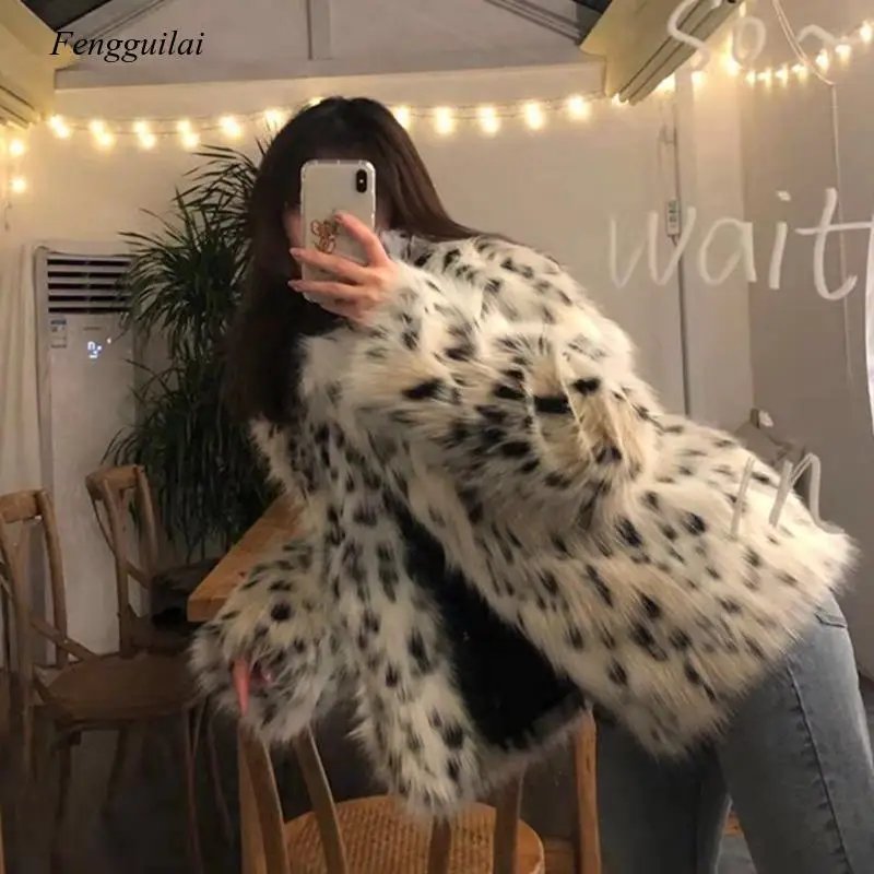Winter New Faux Fox Fur Coat Woman Korean Casual Lazy Leopard Jackets for Woman Fashion Soft Thick Warm Coats Mujer