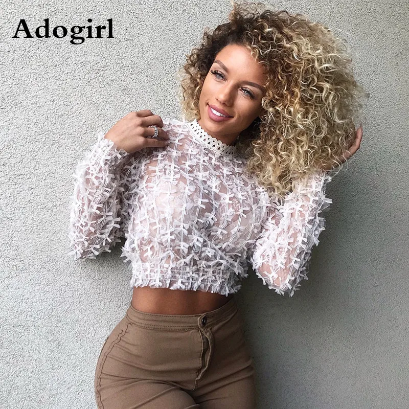 

Women's Bow Perspective Tops Navel Short T-shirt Long Sleeve O-neck Bare Midriff Hollow Out Butterfly Button Ladies Outwear