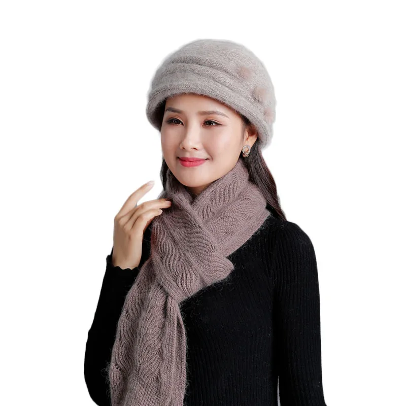 

2019 New Autumn Mother Hat For Women Solid Color Rabbit Fur Knitted Ladies Hats Thick Scarf Beret Female Beanies Headwear Cap