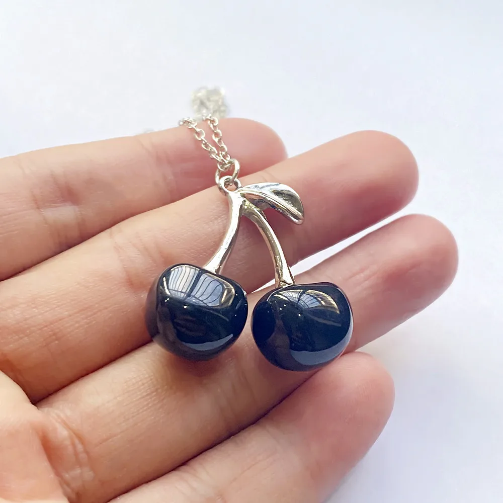 New Style Punk Red Black Cherry Pendant Metal Clavicle Chain Choker Necklace for Women Girls Birthday  Party Jewellery