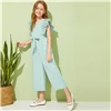 SHEIN Kiddie, v-образный вырез, плиссированные проймы, для отдыха, с поясом, комбинезоны для девочек,, летние, без рукавов, с оборками, широкие, Комбинезоны