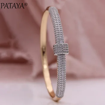 

PATAYA New Two-color Plating Luxury Bangles White Round Natural Zircon Women Bangle 585 Rose Gold Wedding Unique Fashion Jewelry