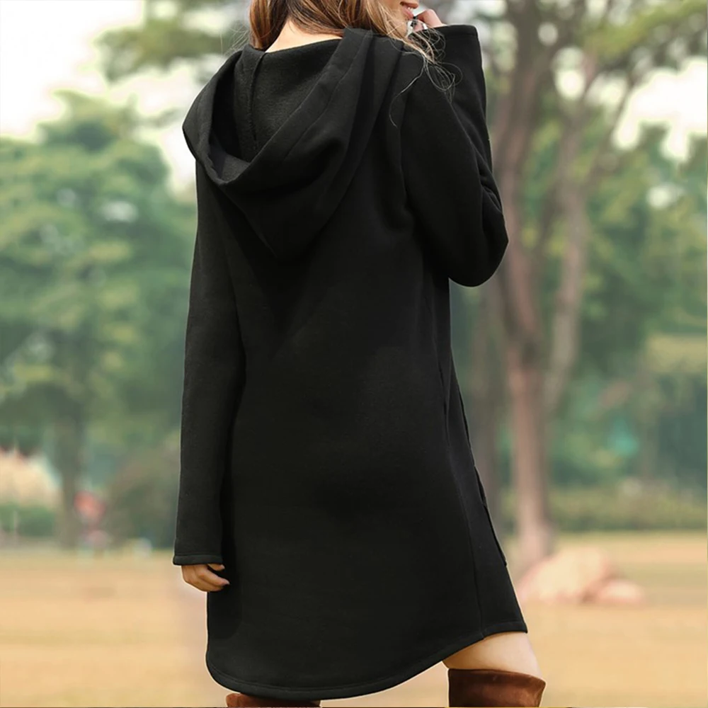  Hoodie Dresses Women Autumn Casual Solid Long Sleeve Loose Pullovers Hooded Pocket Dress Sweatshirt