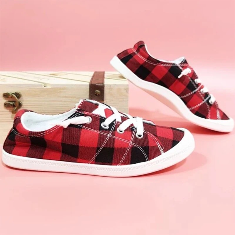 

New Design Plus Size 43 Women's Shoes Cozy Canvas Flat Towel Lining Female Sneakers Red Plaid Student Hiking Sport Footwear