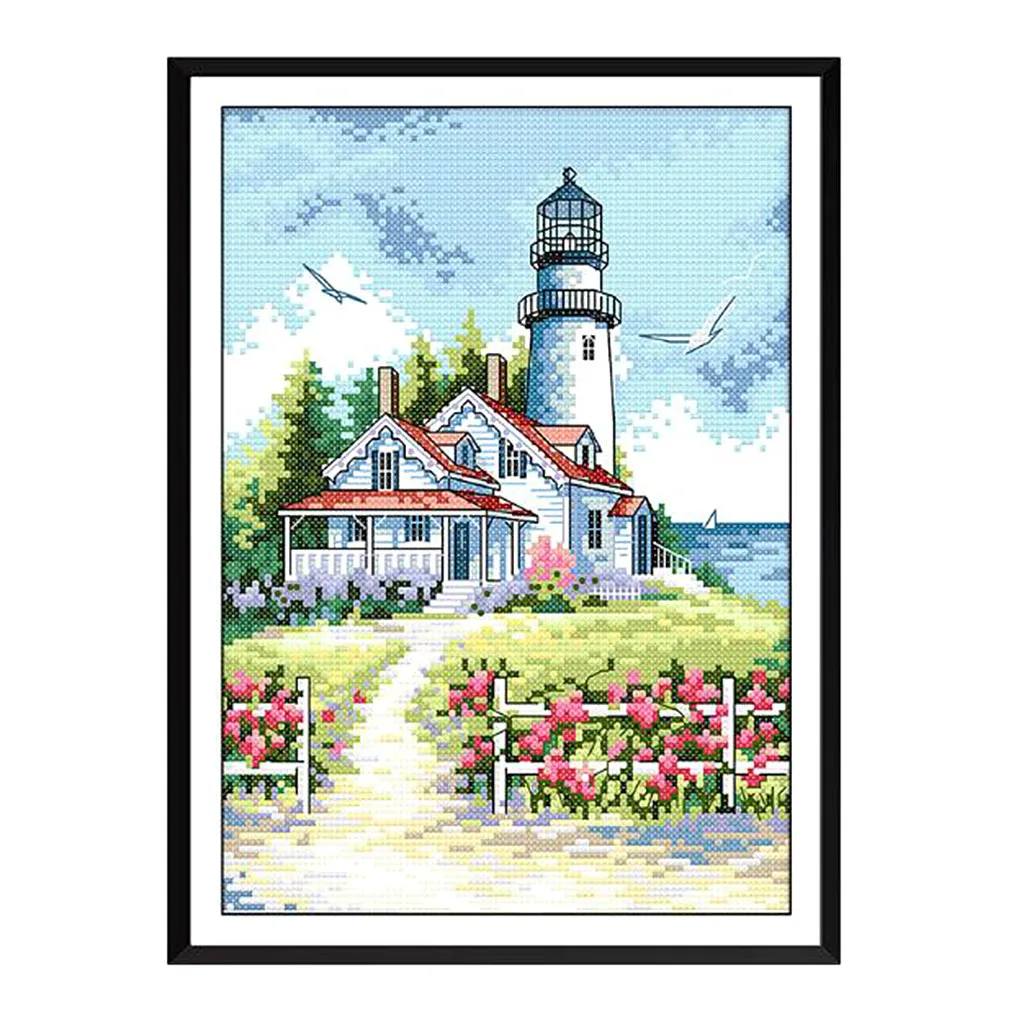 Seaside Lighthouse DIY Stamped Cross Stitch Kit Pre-printed Patterns Beautiful Scenery Home Wall Decoration Needlework Craft