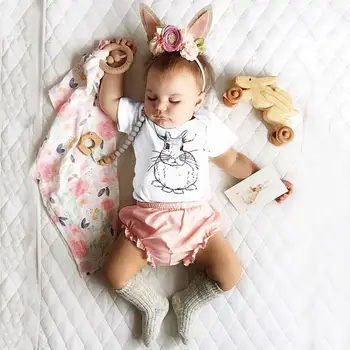 

Girl Easter Day Cartoon Rabbit Bodysuit Romper+Solid Shorts Outfits Set Summer Casual Clothing Sets for Children RL2