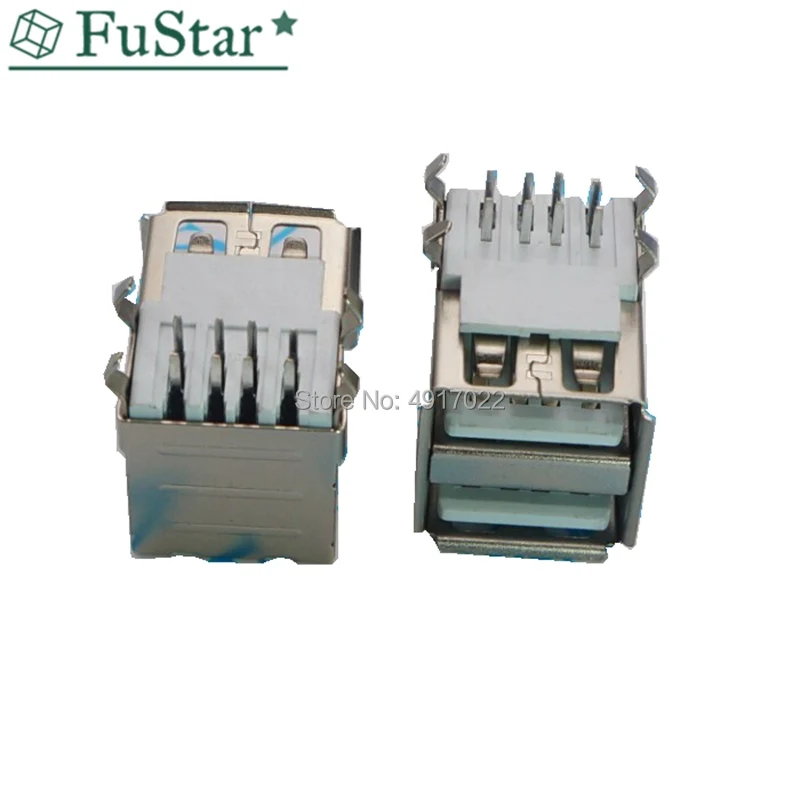 

10pcs Double USB Type A Female Solder Jacks Connector PCB Socket USB-A type 90 Degrees 4pins White Glue Bent Foot USB-A Female