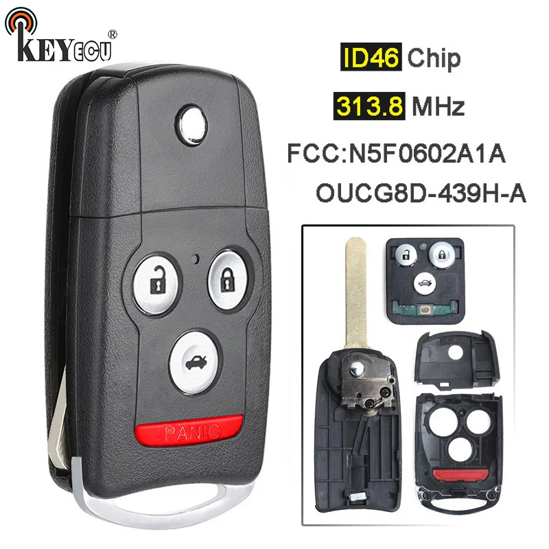 

KEYECU 313.8MHz ID46 Chip FCC: N5F0602A1A / OUCG8D-439H-A Flip 3+1 4 Button Remote Car Key Fob for Acura TL MDX RDX 2007-2013