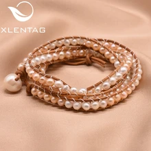 Pulsera de cuero XlentAg hecha a mano para mujer, pulsera multicapa de perlas de agua dulce, joyería clásica de aniversario de Amistad GB0158