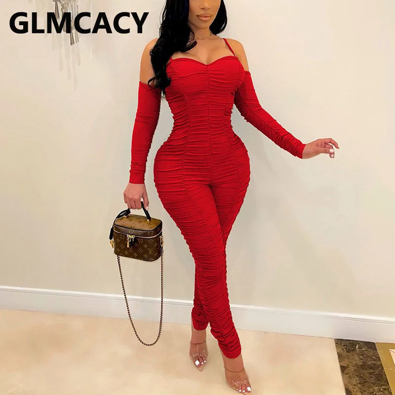 

Women Long Sleeve Spaghetti Strap Ruched Jumpsuit