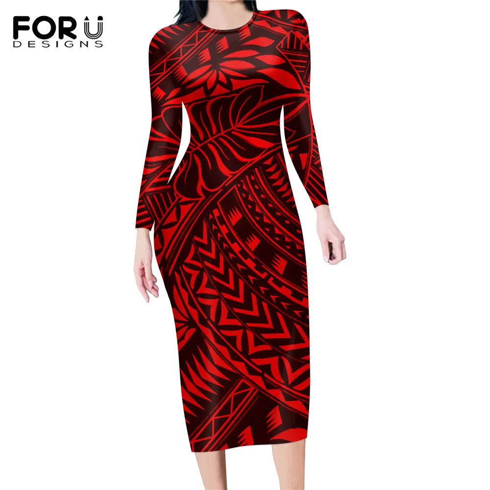 

FORUDESIGNS Autumn Casual Bodycon Dress for Women Polynesian Tribe Tapa Pattern Style Office Party Lady Long Sleeve Pencil Dress
