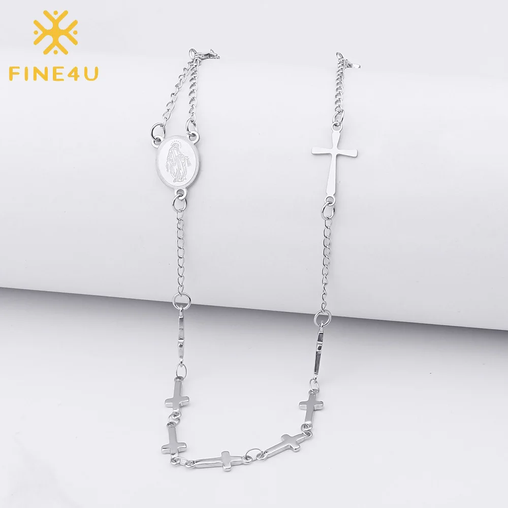 FINE4U N423 крест из нержавеющей стали ожерелье Девы Марии длинная цепочка для церкви