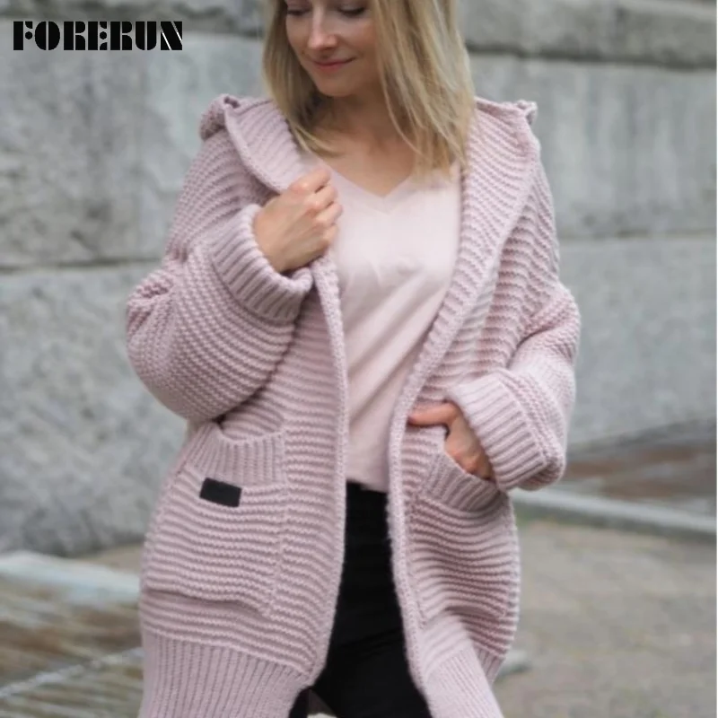 

FORERUN Hooded Cardigan Women Fashion Oversized Long Knitted Sweater with Pockets Winter Autumn Tops Outwear