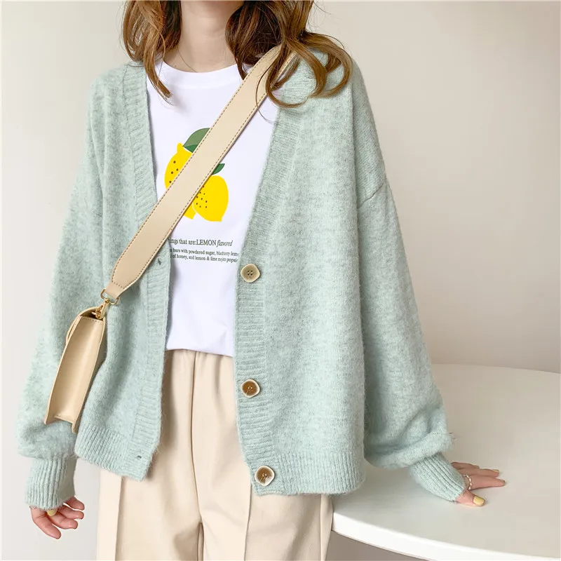 Knitted Cardigan Women Sweater Fashion Lady's All-match Short Top Autumn And Winter Oversized V-neck Loose Button Jacket 2020 |