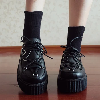

Japanese Harajuku Dark Black Shoes Girl Muffin Thick Sole Shoes Gothic Pentagram Thick Soled Platform Retro Women Vintage Shoes