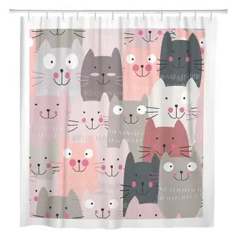 

72"x72" Shower Curtain Waterproof Polyester Fabric Vintage Pink Spring Summer Cute Funny Cat Sweet Pastel Decorative Bathroom